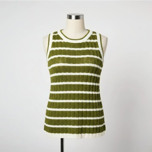 NWOT Joan Rivers Olive Striped Cotton Crochet Sweater Tank L - Picture 6 of 15